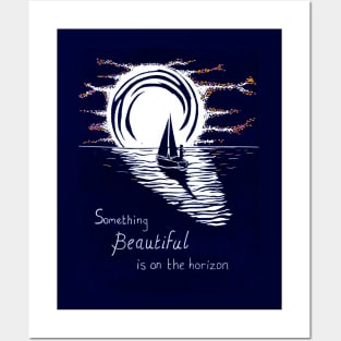 Something Beautiful is on The Horizon, Inspirational Linocut in Blue and Red Posters and Art